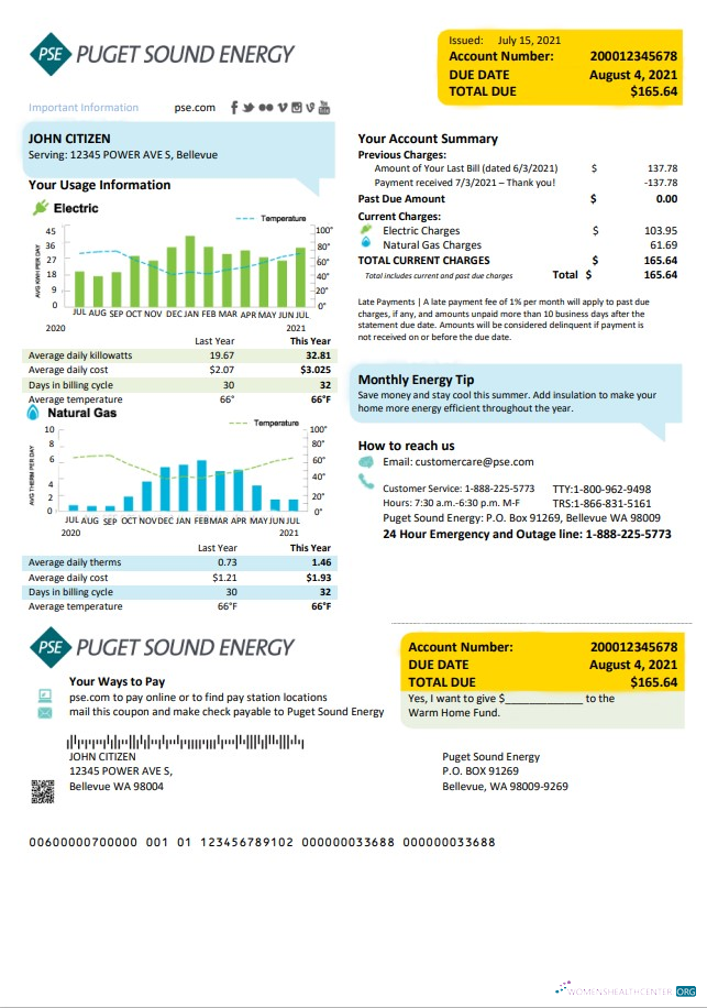 download USA Washington Puget Sound Energy utility bill template in Word and PDF format PDF template